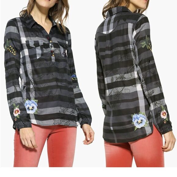 Desigual Shirt Women L Black Gray Striped Floral Embroidery Laura Illa Popover - Picture 1 of 16